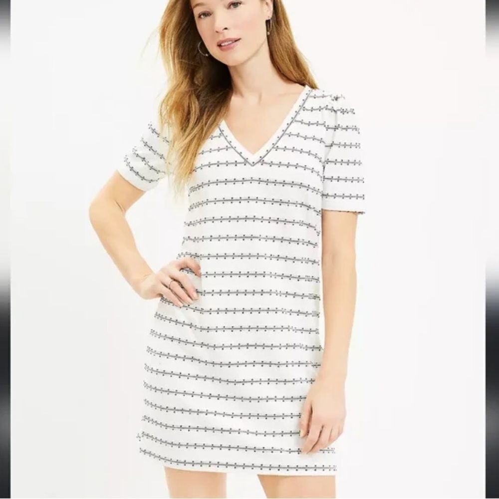 LOFT White V-Neck Short Sleeve Stripe Shift Dress